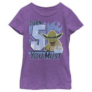 Girl's Star Wars Yoda Turn 5 You Must Rebel Logo Portrait T-Shirt - 1 of 3