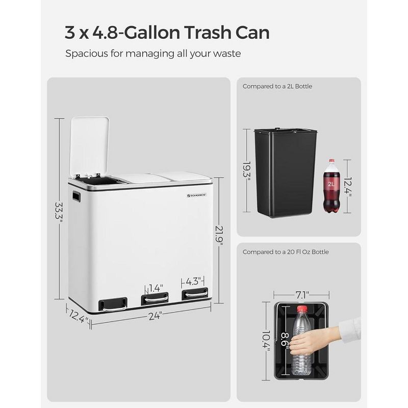 SONGMICS Trash Can, 3 x 4.8 Gallon Garbage Can, 14.4 Gallon Recycle Bin with Soft-Close Lids, Pedals, and Inner Buckets for Kitchen, Stainless Steel, 4 of 9