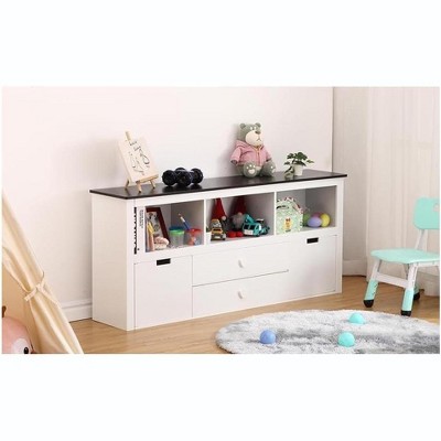 Kids Toy Storage Organizer, Wooden Bookcase, Storage Cabinet with Removable Drawers, Bookshelf, Blackboard, for Bedroom, Nursery, White