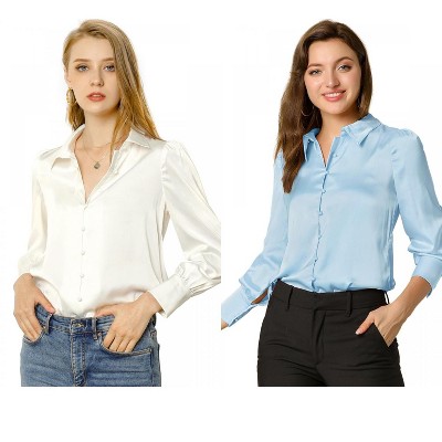 Allegra K Women's Satin Puff Sleeve Point Collar Vintage Button Up Shirt 2 Pcs