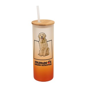 Elanze Designs Colorful Colorado Loves Golden Retrievers Orange and White Ombre Frosted Glass Travel Tumbler with Straw and Wooden Lid, 25 Ounce - 1 of 4