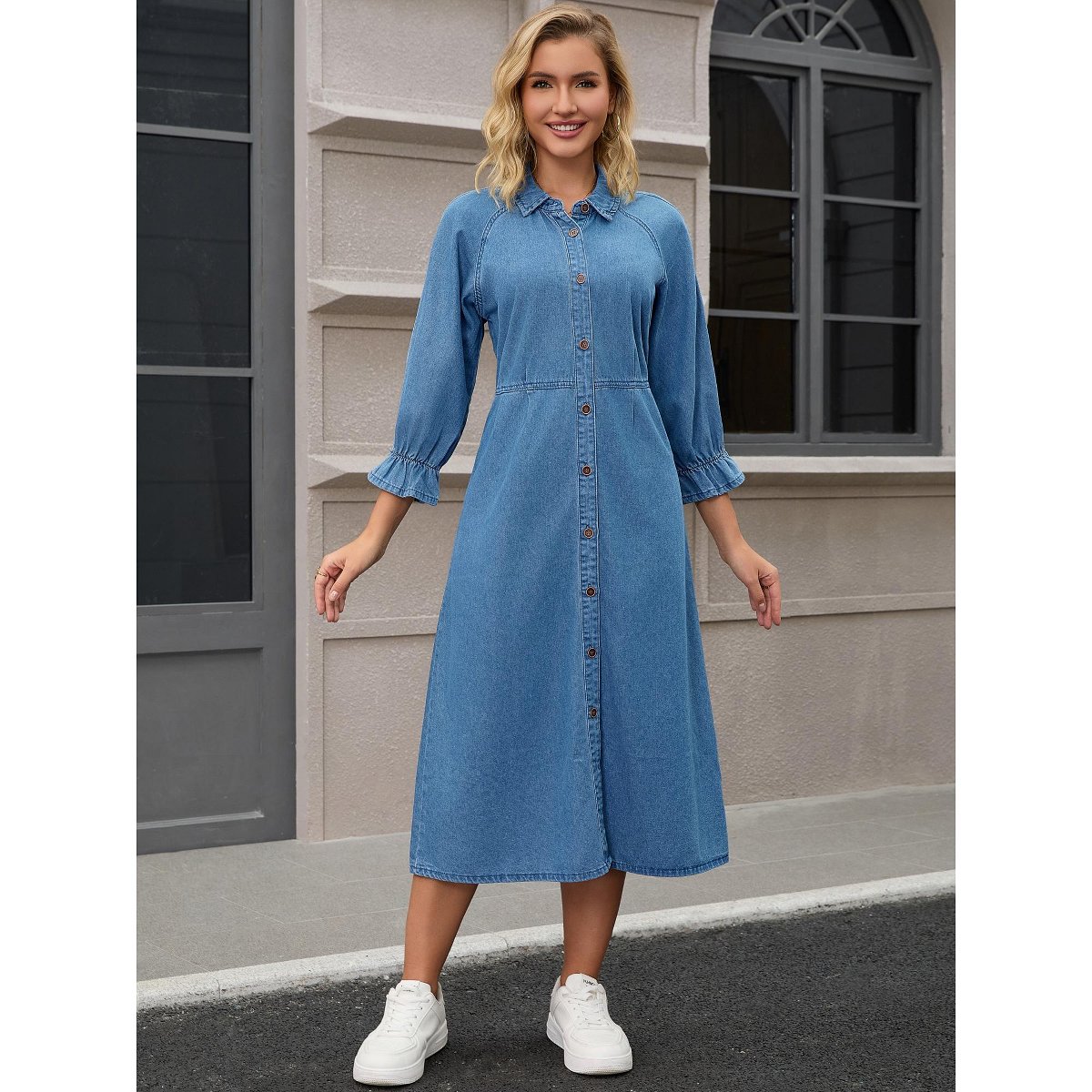 Женские платья INSPIRE CHIC Women's Denim Casual Ruffle Long Sleeve Button Down Midi Jean Shirt Dress Blue Small 2 Packs Blue/Light Blue XX-Large — фото 3