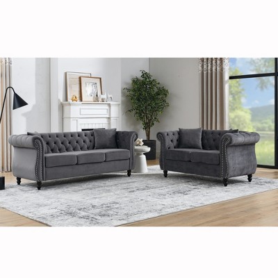 3-Seater + 2-Seater Velvet Chesterfield Sofa with Nailhead Trim and 4 Pillows for Living Room, Bedroom