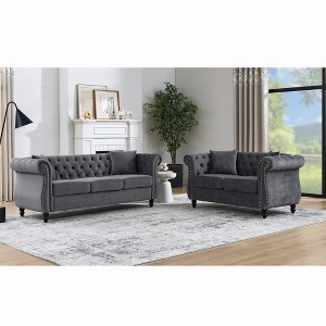 3-Seater + 2-Seater Velvet Chesterfield Sofa with Nailhead Trim and 4 Pillows for Living Room, Bedroom - 1 of 4