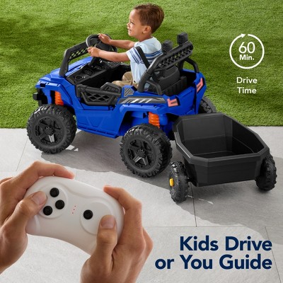 Blue 12V Kids Ride-On UTV Car with Trailer and LED Lights