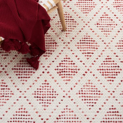 Ivory and Red Handwoven Wool Square Area Rug