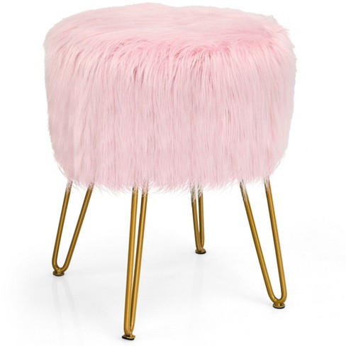 Pink Luxury Accent Faux Fur Foot Rest Metal Ottoman Stool with Golden Legs,  2Set