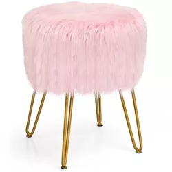 Costway Faux Fur Vanity Chair Makeup Stool Furry Padded Seat Round Ottoman Pink/White