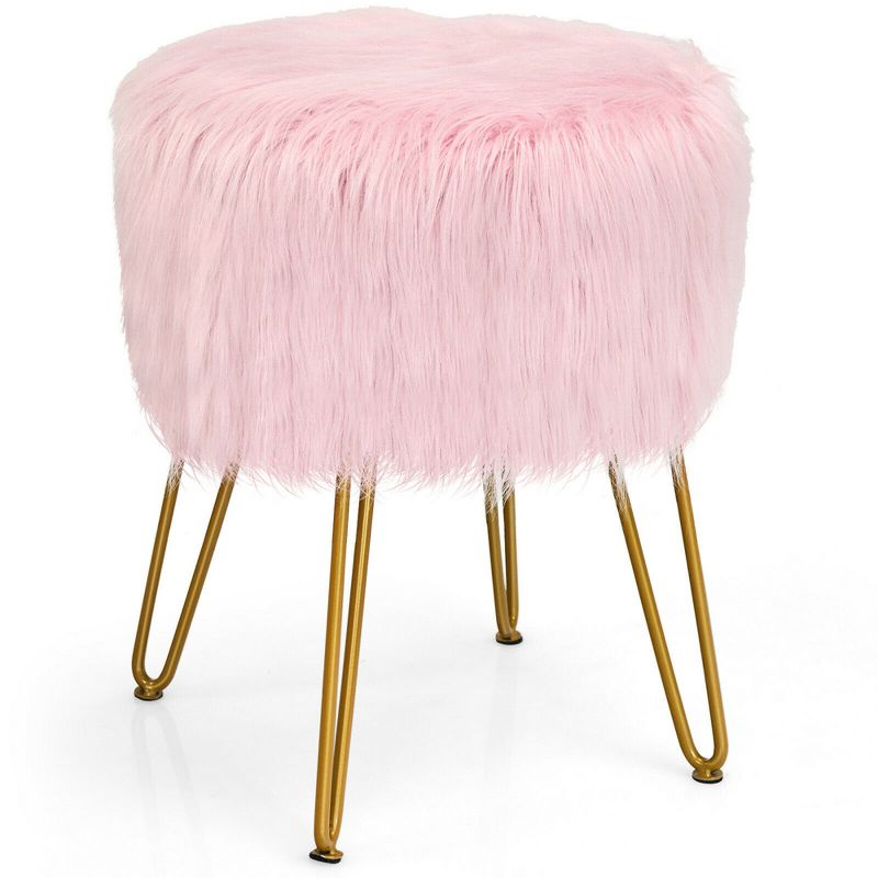 Costway Faux Fur Vanity Chair Makeup Stool Furry Padded Seat Round Ottoman Pink/White, 1 of 15