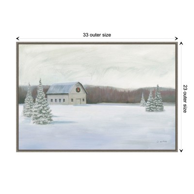 Holiday Winter Barn Oil Painting on Canvas with Greywash Frame