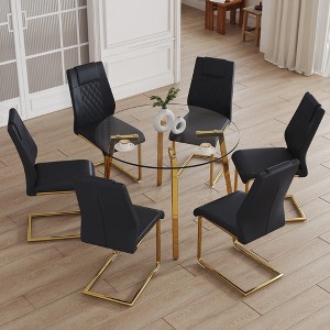 7-Piece Dining Set with Round Tempered Glass Table and 6 PU Armless Chairs - 1 of 4