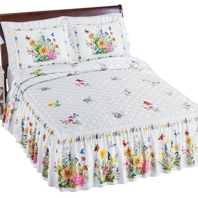 Full White Floral and Butterfly Ruffled Quilt Bedspread Set