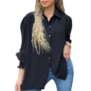 Clearlove Womens Ruffled V Neck Jacquard Shirts Long Sleeve Button Down Blouses Loose Shirt Tops - 1 of 4