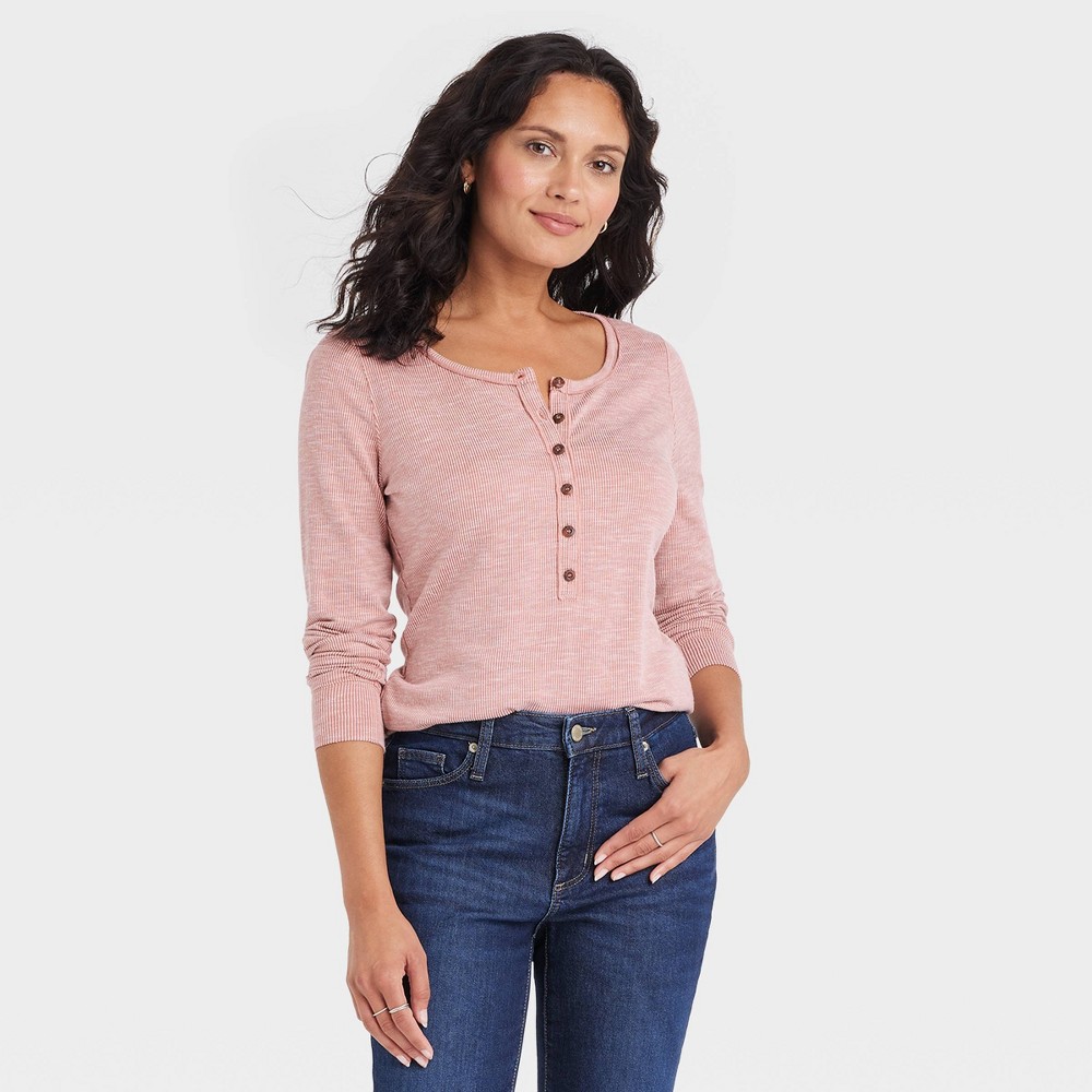 Women's Long Sleeve Henley Neck Shirt - Universal Thread Light Brown XL