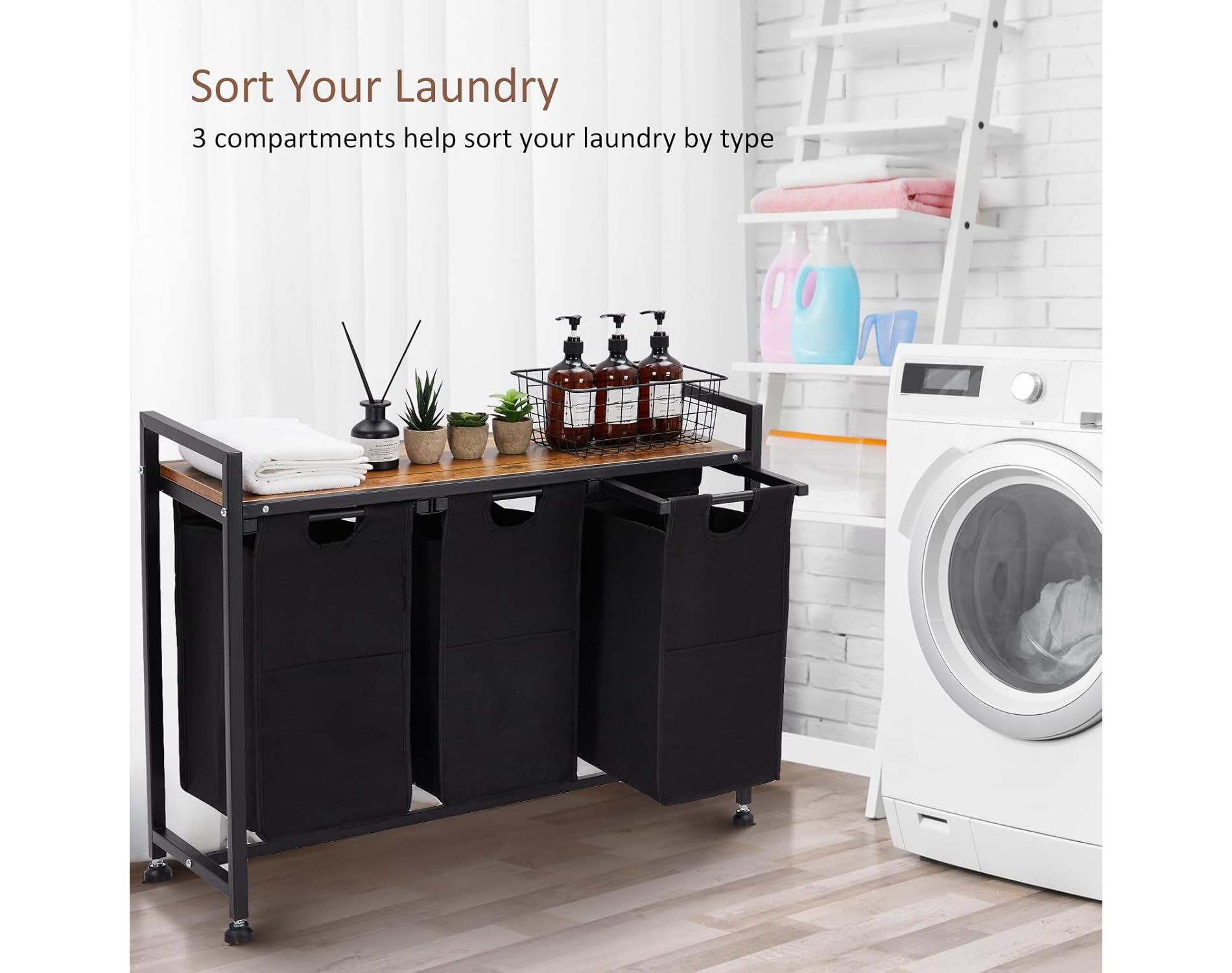 Laundry Hamper, Laundry Basket, Laundry Sorter with 3 Pull-Out and Removable Bags, Shelf, Laundry Room Storage with Table, 3 x 11.5 Gal