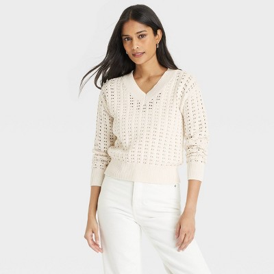 Women's Openwork V-Neck Pullover Sweater - Universal Thread™