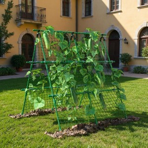 Cucumber Trellis, 4ft x 4ft Green Metal A-Frame Garden Trellis for Climbing Plants – Support for Cucumbers, Beans, and Vines, Includes Netting - 1 of 4