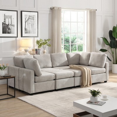 103" Chenille Upholstered U-Shaped Modular Sectional Sofa with Two Ottomans & Three USB Ports