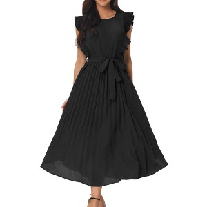 Seta T Women's Casual Ruffle Sleeveless Crewneck Pleated Flowy Belted Midi Sundresses - 1 of 4