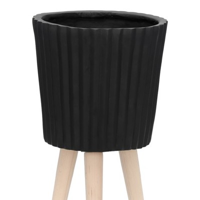 12" Black Ridged Cement Planter with Natural Wood Legs - Set of 2