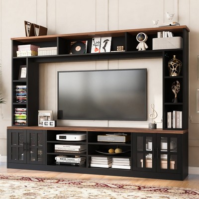 Chic Crate-80 Inch Modern Media Console – Tempered Glass TV Stand w/ Adjustable Shelves & Bookshelves, Multi-Tier Wall Unit (95.5W)