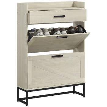 HOMCOM Slim Shoe Cabinet, Industrial Entryway Shoe Storage Cabinet with 2 Flip Drawers, Adjustable Shelves, Top Drawer for 12 Pairs