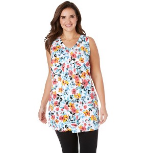 Woman Within Plus Size Perfect Printed Sleeveless Shirred V-Neck Tunic - 1 of 4