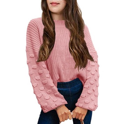Girls Pullover Sweater Cable Knit Soft Comfy Sweater for Girls Crew Neck Sweater Puff Sleeve Ribbed Knit Cuff