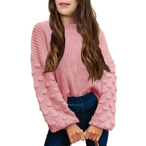 Girls Pullover Sweater Cable Knit Soft Comfy Sweater for Girls Crew Neck Sweater Puff Sleeve Ribbed Knit Cuff - 1 of 4