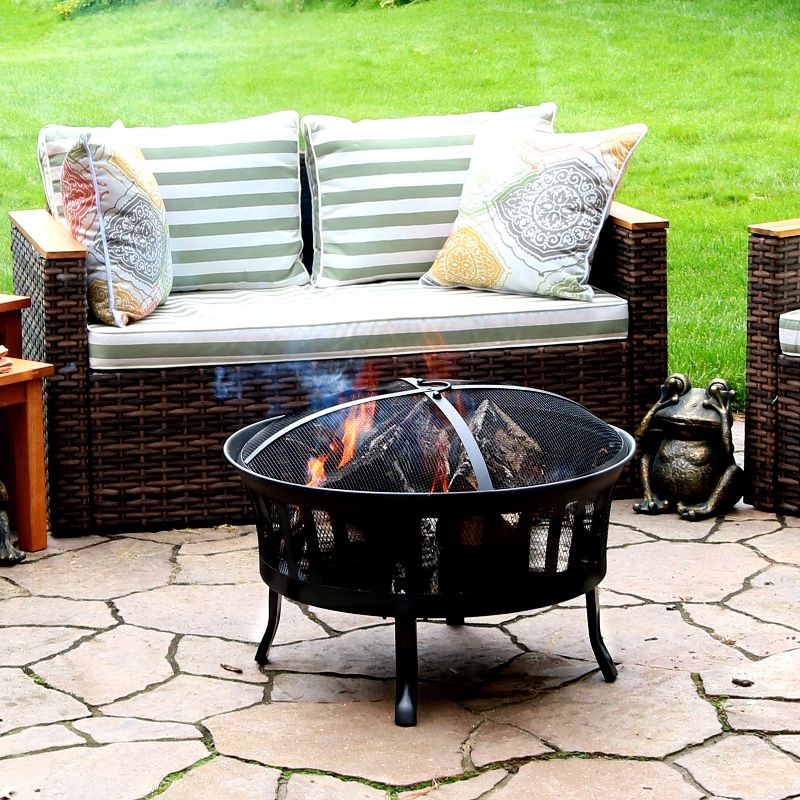 Sunnydaze 25" Outdoor Steel Mesh Stripe Cutout Fire Pit Set with Spark Screen and Poker Lifting Tool, 3 of 11