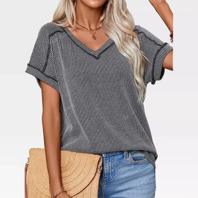 Womens V Neck T-Shirts Short Sleeve Inside Out Seam Style Tops Striped Shirts Drop Shoulder Lounge Tops Summer Causal Tops