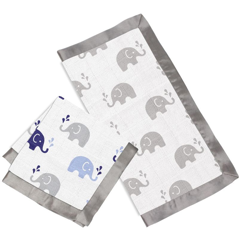 Bacati - Elephants Blue/Gray Muslin 2 pc Security Blankets, 1 of 10