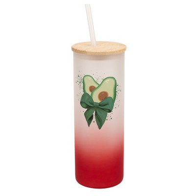 Elanze Designs 25 Ounce Frosted Glass Gradient Travel Tumbler With Straw and Wooden Lid, Avocado Red