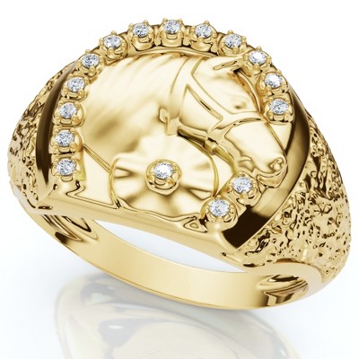 Pompeii3 Men's Pinkie Horse Lucky Diamond Ring Gold Lab Created