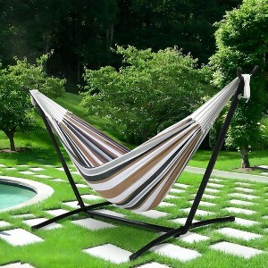 SUGIFT 2-Person Brazilian-Style Cotton Double Hammock with Stand Set w/ Carrying Bag - Brown - 1 of 4