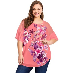 Avenue Women's Plus Size Mixed Media Floral Print Top - 1 of 4