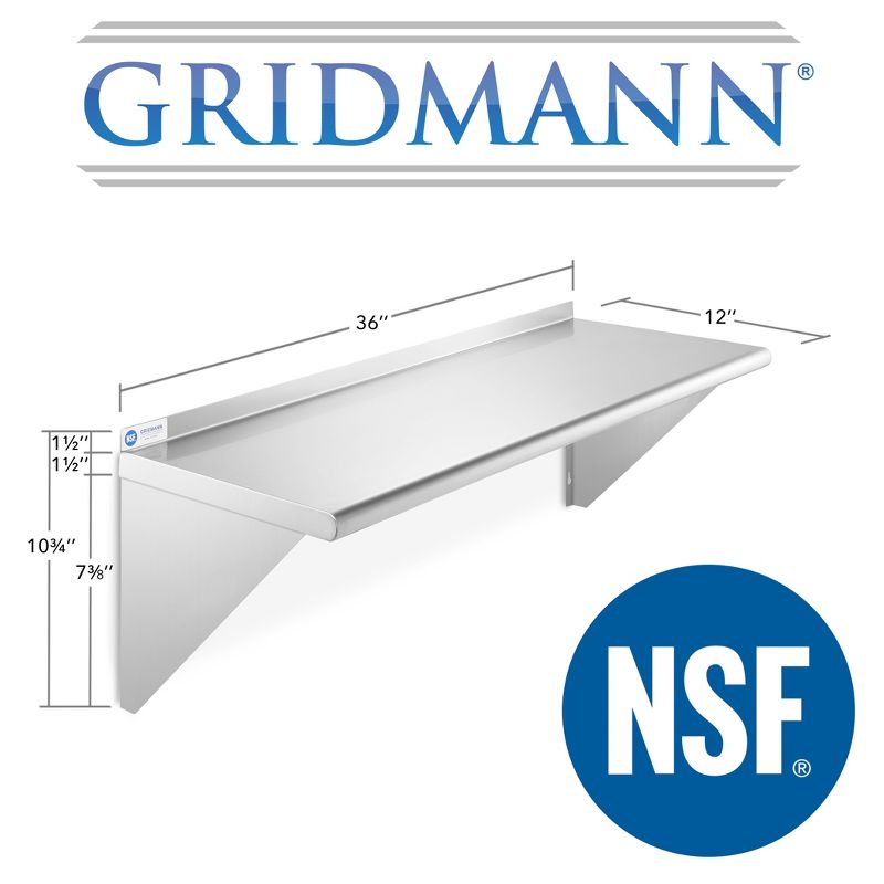 GRIDMANN 16 Gauge Stainless Steel Kitchen Wall Mount Shelves with Backsplash - NSF Certified, 5 of 7