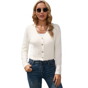 Coolmee Women's Furry Cropped Cardigan Long Sleeves Open Front V-Neck Button Down Casual Knit Sweater Coat - 1 of 4