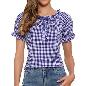 INSPIRE CHIC Women's Peasant Round Neck Ruffles Puff Sleeve Gingham Plaid Blouse - 1 of 4