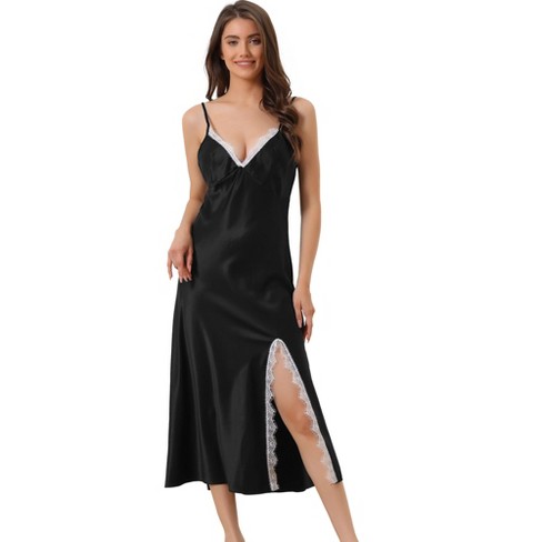 Cheibear Womens Satin Nightgowns Lingerie Strap Chemise Split Hem Silky  Lounge Dress Black X Small : Target