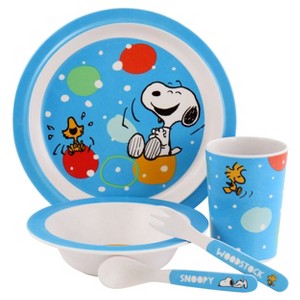Peanuts Fun Times 5 Piece Kid's Bamboo Melamine Dinnerware Set in Blue - 1 of 4