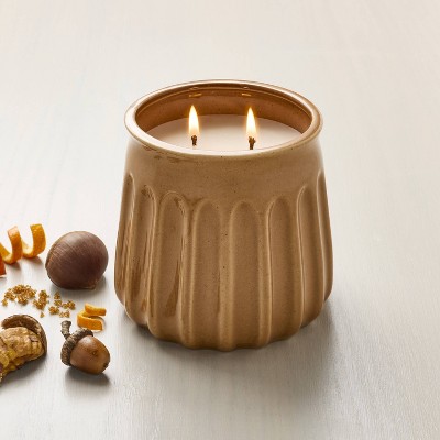 2-Wick Fluted Ceramic Harvest Chestnut Glazed Jar Candle Tan 20oz - Hearth & Hand