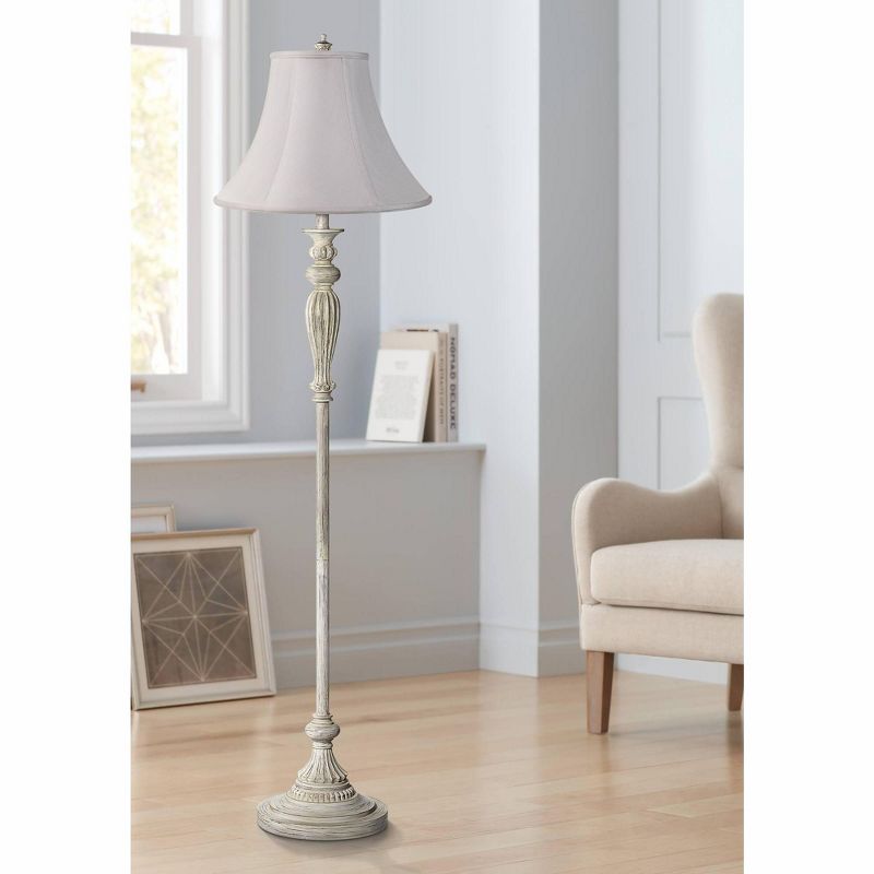 360 Lighting Vintage Shabby Chic Floor Lamp 60" Tall Antique White Washed Fabric Bell Shade for Living Room Reading Office, 2 of 7