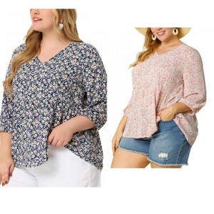 Women's Plus Size 2 Pieces V Neck Babydoll 3/4 Sleeve Pleat Floral Flowy Blouses - Agnes Orinda - 1 of 4