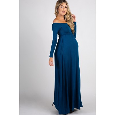Pinkblush PinkBlush Dark Teal Solid Off Shoulder Maternity Maxi Dress - image 2