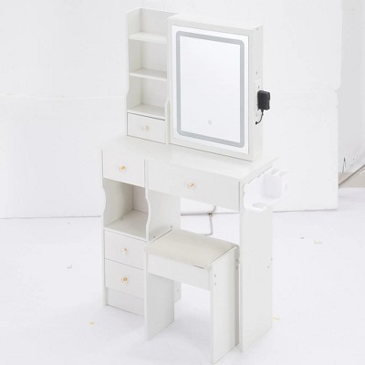 Small Size Left Drawer Desktop Vanity Table + Cushioned Stool, 2 AC+2 USB Power Station, Hair dryer bracket