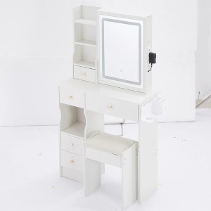 Small Size Left Drawer Desktop Vanity Table + Cushioned Stool, 2 AC+2 USB Power Station, Hair dryer bracket - 1 of 4