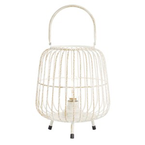 12" x 10" Modern Metal Caged Candle Holder with Led Light Bulb Center White - Olivia & May: Indoor Elegant Lantern - 1 of 4