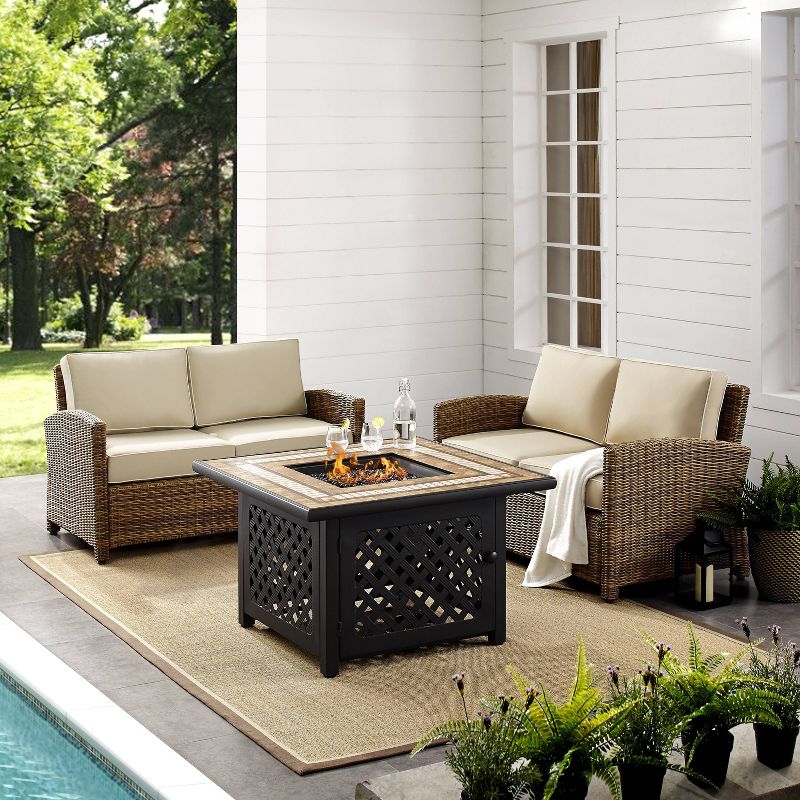 Crosley 3pc Bradenton Steel Outdoor Patio Fire Pit Furniture Set with Two Loveseats Tan/Brown, 4 of 11