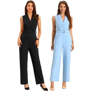 INSPIRE CHIC Women's Casual Sleeveless Shawl Collar Office Belted Cropped Jumpsuit 2 Packs - 1 of 4